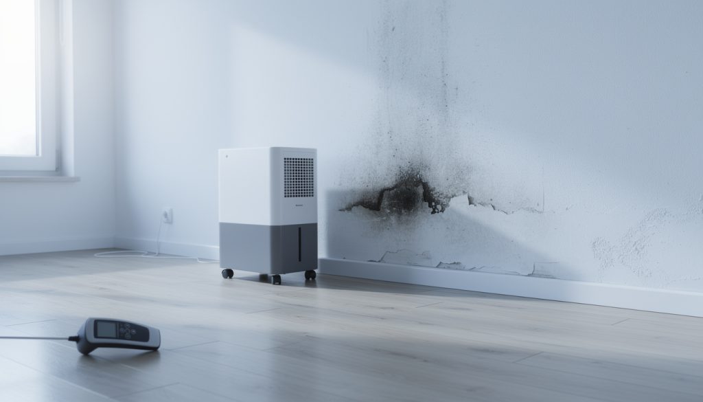 Feuchte Wand mit Schimmelflecken, davor Bautrockner und Feuchtemessgerät