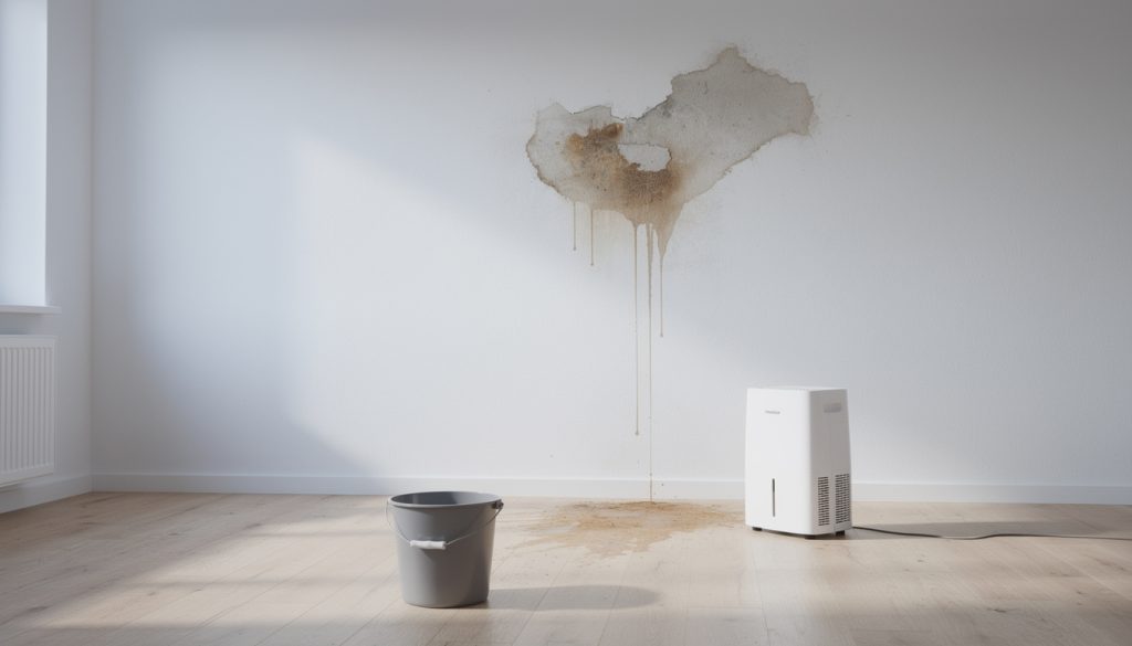 Wasserfleck an der Decke, Eimer und Luftentfeuchter im Raum