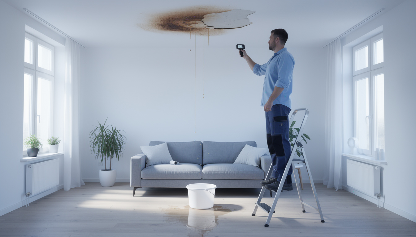 Wasserschaden an der Decke: Fachmann misst Feuchtigkeit am Wasserfleck