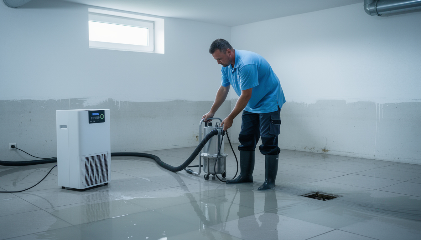 Wasserschaden im Keller: Techniker pumpt Wasser ab und stellt Bautrockner auf