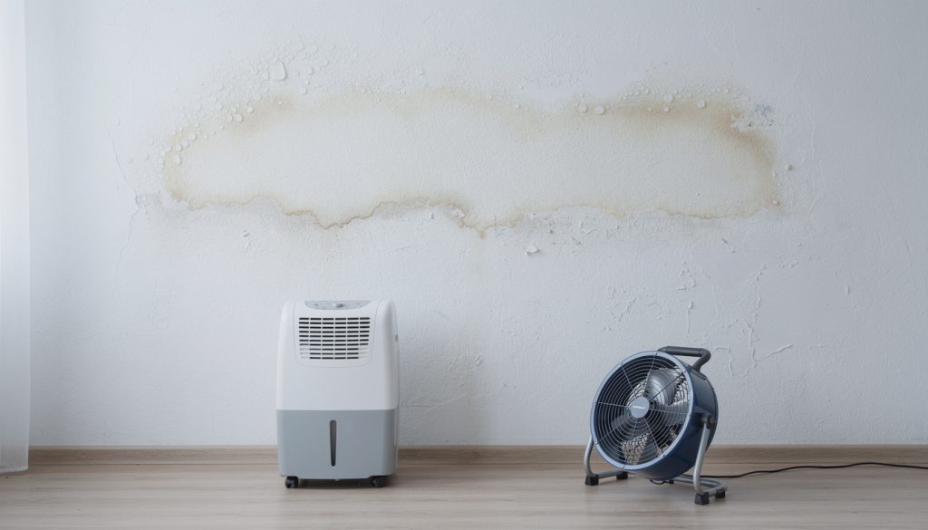 Wasserfleck an der Wand mit Bautrockner und Ventilator