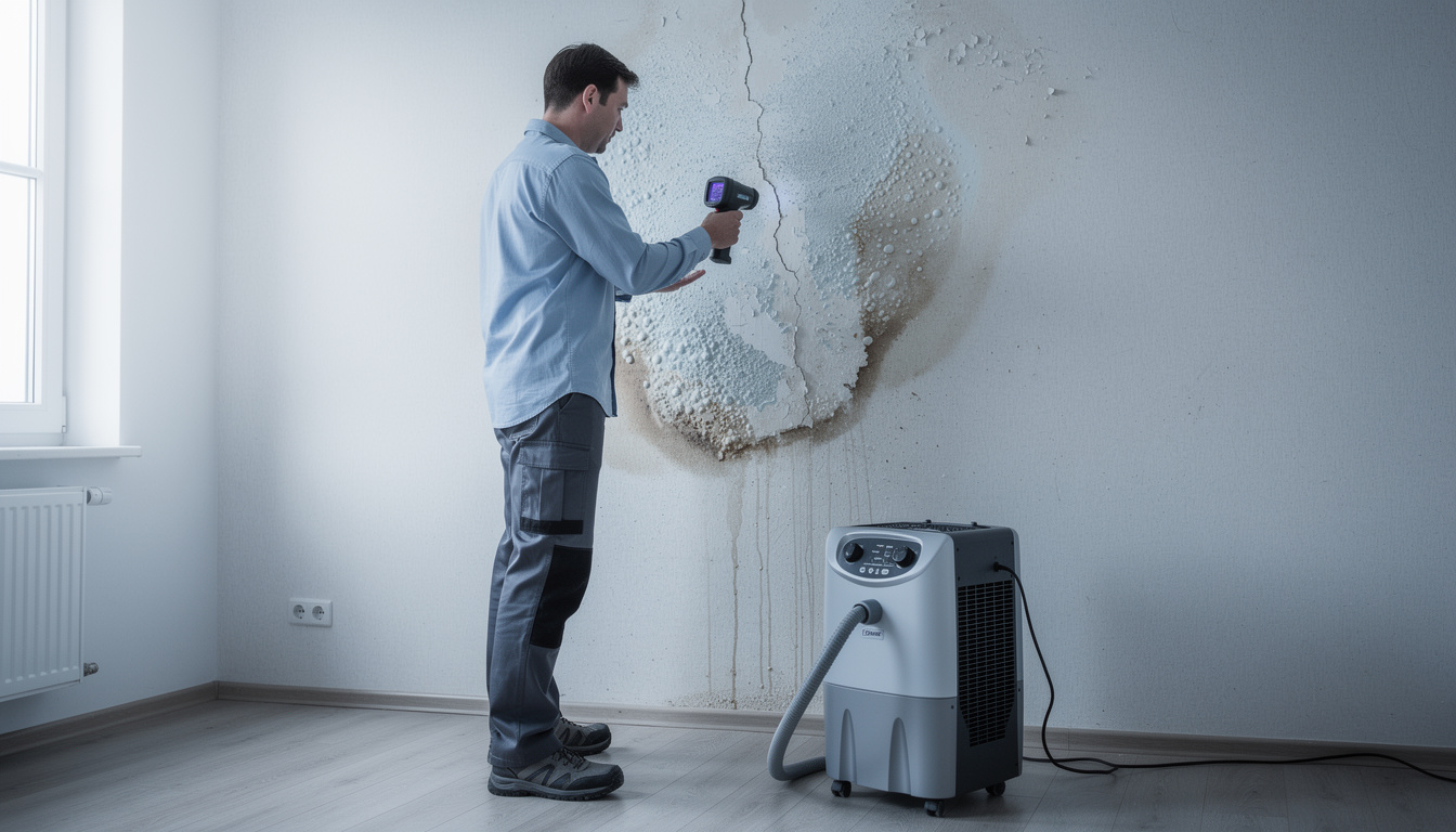 Wasserschaden in der Wand: Techniker untersucht feuchte Wand mit Wärmebildkamera